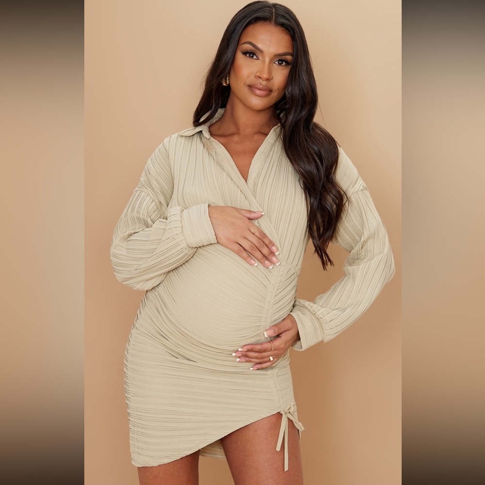 Maternity Stone Plisse Plunge Shirt Dress